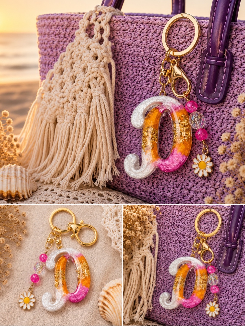 Custom Orange Cream and Pink Letter “D” Keychain with Daisy Charm